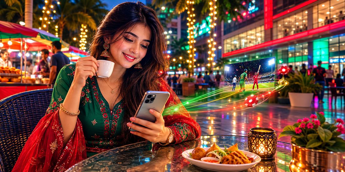 ঢাকায় লাল সবুজ পোশাকে একজন ব্যবহারকারী মোবাইলে pkpk88 ক্যাসিনো বোনাস দেখছেন